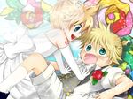  2boys blonde_hair bow bow_tie bowtie bridal_veil bride crown dress flower formal green_eyes kagamine_len open_mouth ribbon rose sacchon sparkle suit time_paradox veil vocaloid wedding wedding_dress wedding_veil 