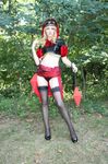  airbrushed black_panties blonde_hair chain chains cosplay forest hood impossible_shirt midriff nature non-asian odin_sphere panties photo pose real standing star thighhighs underwear vanillaware velvet velvet_(odin_sphere) 