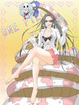  1girl barefoot black_hair blue_eyes blue_hair boa_hancock breasts cleavage earrings female glasses heart highres jewelry long_hair one_piece open_clothes open_shirt salome_(one_piece) shirt simple_background sitting skull snake 