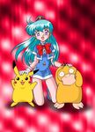  blue_hair dress female full_body gradient gradient_background legs long_hair miniskirt pikachu pokemon psyduck short_dress skirt smile solo stewardess tenjouin_katsura thighs yat_anshin_uchuu_ryokou 