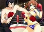  arena bikini black_hair blur blurry blush boxing boxing_ring breasts brown_hair cleavage large_breasts long_hair photoshop shorts surprised swimsuit 