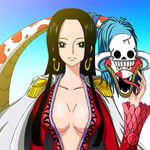  amazon_lily boa_hancock breasts cape cleavage earrings epaulettes female highres jewelry long_hair one_piece salome_(one_piece) shichibukai skull snake 