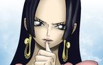  black_hair boa_hancock earrings female frown gradient gradient_background jewelry long_hair one_piece shichibukai solo 