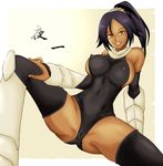  bleach breasts cameltoe dark_skin erect_nipples large_breasts leotard momo_765 no_bra rirakukan shihouin_yoruichi smile spread_legs yellow_eyes 