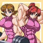  2girls abs barbell blond_hair blonde_hair blue_eyes breasts extreme_muscles female flay_allster gray_eyes grey_eyes gundam gundam_seed lowres miriallia_haw multiple_girls muscle muscles muscular muscular_female red_hair ren_(tainca2000) rentb weights 