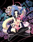  1girl bandanna blue_eyes boa_hancock boots earrings female flower highres horns jewelry long_hair looking_at_viewer one_piece salome_(one_piece) side_slit sitting skull snake 