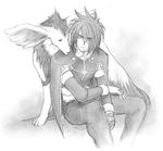 1boy adult animal artist_request bodysuit cape fingerless_gloves gloves hair_over_one_eye kratos_aurion lowres male male_focus monochrome noishe short_hair simple_background sitting sketch solo spiked_hair tales_of_(series) tales_of_symphonia 