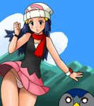  blue_hair blush dress female hikari_(pokemon) legs long_hair miniskirt nintendo outdoors panties piplup pokemon short_dress skirt sky smile solo thighs tsumitani_daisuke underwear upskirt 