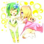  2girls blonde_hair cape detached_sleeves eyes_closed female final_fantasy final_fantasy_iv green_hair hair_ornament leotard long_hair lowres multiple_girls ponytail purple_eyes rosa_farrell rydia shoulder_pads tehu_(pixiv1360347) thighhighs tiara 