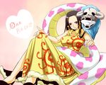  1girl amazon black_hair blue_eyes boa_hancock dress earrings female high_heels highres horns jewelry jolly_roger long_hair looking_at_viewer one_piece pirate salome_(one_piece) shichibukai shoes side_slit sitting skull snake yellow_dress 