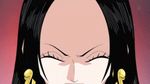  amazon_lily animated animated_gif black_hair boa_hancock breasts cape center_opening cleavage earings earrings epaulettes gif jewelry large_breasts long_hair lowres midriff navel no_bra one_piece salome_(one_piece) shichibukai shocked snake surprised 