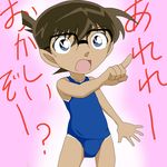  crossdress crossdressing edogawa_conan finger_point glasses highres meitantei_conan one-piece one-piece_swimsuit swimsuit tan tanline translated 