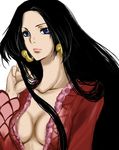  1girl amazon amazon_lily black_hair blue_eyes boa_hancock breasts cleavage earrings female flat_chest highres jewelry long_hair one_piece shichibukai solo 