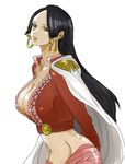  1girl amazon amazon_lily black_hair boa_hancock breasts cape cleavage earrings female highres jacket jewelry long_hair looking_at_viewer navel one_piece red_jacket red_shirt sash shichibukai shirt simple_background solo white_background 