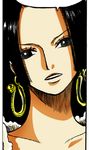  1girl absurdres amazon_lily black_eyes black_hair boa_hancock earrings female head_tilt highres jewelry one_piece shichibukai solo speech_bubble 