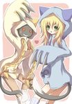  2girls animal_ears arc_system_works blazblue blonde_hair braid cat_ears cat_tail claws dark_skin female footwear green_eyes grin long_hair multiple_girls noel_vermillion red_eyes smile socks sora_yuu tail taokaka taokaka_(cosplay) twin_braids 