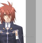  1boy adult artist_request bodysuit brown_eyes brown_hair cape face hair_over_one_eye kratos_aurion looking_at_viewer lowres male male_focus red_eyes red_hair short_hair simple_background solo spiked_hair tales_of_(series) tales_of_symphonia text 