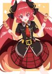  1girl :d black_shirt blue_archive border dango demon_wings food fuji_tarawi highres holding holding_food horns junko_(blue_archive) long_hair looking_at_viewer low_wings open_mouth plaid plaid_skirt pointy_ears red_hair red_skirt shirt simple_background skirt slit_pupils smile solo star_(symbol) twintails wagashi white_border wings yellow_background 