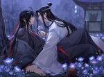  2boys ahoge architecture artist_name bamboo bangs between_breasts bishounen black_hair black_robe breasts brown_eyes chinese_clothes closed_mouth commentary_request east_asian_architecture eye_contact flower hair_bun hair_ornament hair_ribbon hanfu headband holding holding_flower jar lan_wangji lantern long_hair long_sleeves looking_at_another male_focus mo_dao_zu_shi mountain multiple_boys night on_ground outdoors parted_bangs parted_lips profile purple_flower reclining red_ribbon ribbon robe sidelocks single_hair_bun twitter_username usagishi very_long_hair watermark wei_wuxian white_headband white_robe wide_sleeves xiao_guan_(headdress) yaoi yellow_eyes 