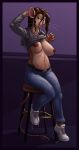  2019 anthro bar_stool bottomwear breasts brown_hair clothing digital_media_(artwork) female footwear furniture hair hand_behind_head hi_res hoodie looking_at_viewer lord_magicpants mammal mouse murid murine navel nipples pants rodent shoes sitting slightly_chubby smile sneakers solo stool topwear whiskers 