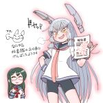  2girls black_hair black_shirt black_shorts blue_hairband blue_sailor_collar dress fang floating_headgear glasses grey_hair hair_ribbon hairband headgear highres holding holding_pen kantai_collection long_hair long_sleeves multiple_girls murakumo_(kancolle) ooyodo_(kancolle) orange_eyes pen red_ribbon ribbon sailor_collar sailor_dress shin_(shin_k009) shirt short_sleeves shorts sidelocks thick_eyebrows translation_request tress_ribbon white_dress 