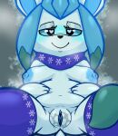  absurd_res anthro big_breasts blue_body bodily_fluids breasts eeveelution female generation_4_pokemon genitals glaceon hi_res nintendo nipples nude overweight pokemon pokemon_(species) presenting presenting_pussy pussy solo video_games 