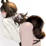 1girl animal_ears arknights ass blush bottomless breasts brown_hair cowboy_shot from_behind highres kochiya_(gothope) large_breasts leaning_forward long_sleeves looking_at_viewer looking_back ponytail raccoon_ears raccoon_girl raccoon_tail robin_(arknights) shirt sideways_glance simple_background solo sweatdrop tail tail_censor thigh_strap white_background white_shirt yellow_eyes 