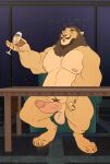  alcohol anthro barazoku beverage champagne city city_background erection facial_hair felid furniture genitals hi_res lion looking_at_viewer male mammal mature_male michwolfestein musclegut muscular muscular_male nipples pantherine penis sitting solo table toasting vein veiny_penis 