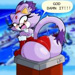  2022 anthro big_butt blaze_the_cat bomba_world12 bubble_butt butt chimney christmas christmas_clothing clothing digital_drawing_(artwork) digital_media_(artwork) domestic_cat felid feline felis female fur hi_res holidays looking_at_own_butt mammal nervous nervous_sweat open_mouth purple_body purple_fur rear_view red_clothing sega sexy_santa shocked_expression solo sonic_the_hedgehog_(series) stuck stuck_in_chimney 