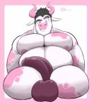  animal_print anthro balls black_hair bovid bovine cattle cow_print flaccid fur genitals hair hi_res male mammal nipples pecs penis pink_body pink_fur pink_nipples ryanburr solo 