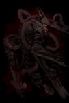  black_background blood blood_on_weapon blood_splatter chainsaw chainsaw_devil chainsaw_man dark dark_background extra_arms facing_back highres horns intestines nakano_(2_mannaka) no_eyes sharp_teeth single_horn solo spikes teeth weapon 