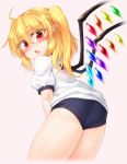  1girl ahoge ass blush buruma fang feet_out_of_frame flandre_scarlet from_behind gym_shirt gym_shorts gym_uniform hair_between_eyes highres long_hair looking_at_viewer looking_back marukyuu_ameya multicolored_wings no_headwear open_mouth pointy_ears puffy_short_sleeves puffy_sleeves red_eyes shiny shiny_hair shirt short_sleeves shorts side_ponytail simple_background skin_fang solo touhou white_shirt wings 