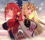  2girls back-to-back bangs blonde_hair breasts cleavage cleavage_cutout clothing_cutout decoponmagi dress earrings jewelry large_breasts long_hair multiple_girls mythra_(xenoblade) open_mouth pyra_(xenoblade) red_eyes red_hair short_hair smile swept_bangs tiara white_dress xenoblade_chronicles_(series) xenoblade_chronicles_2 