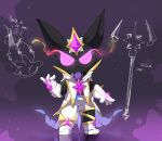  abstract_background ambiguous_gender anthro black_body black_fur bottomwear clothed clothing full-length_portrait fur gloves handwear head_ornament hi_res jacket league_of_legends looking_at_viewer male_(lore) pants portrait pose purple_eyes riot_games smite_(artist) solo star_guardian topwear veigar video_games white_bottomwear white_clothing white_jacket white_pants white_topwear yordle 