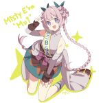  1girl :d background_text bangs bare_shoulders bow bowtie braid brown_skirt character_request clothes_around_waist detached_sleeves djmax djmax_respect english_commentary green_bow green_skirt grey_sleeves grey_socks hair_bow highres korean_commentary looped_braids mamo_c multiple_hair_bows official_art pink_hair purple_bow purple_bowtie sash shoulder_sash signature simple_background skirt sleeveless smile socks solo star_(symbol) twin_braids twintails two-tone_skirt v white_background wrist_cuffs 