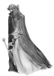  1boy 1girl berserk black_cloak cloak greyscale guts_(berserk) hat height_difference highres holding holding_staff hood hooded_cloak monochrome schierke_(berserk) simple_background staff vislsn2 white_background witch witch_hat 