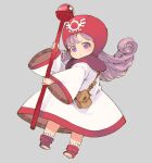  1girl chibi closed_mouth commentary curly_hair dragon_quest dragon_quest_ii dress full_body grey_background highres hood long_hair looking_at_viewer mota princess princess_of_moonbrook purple_eyes purple_hair robe simple_background solo staff weapon 