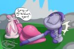  2022 absurd_res anthro bedroom_eyes big_butt butt dialogue digital_media_(artwork) english_text female gazaster generation_9_pokemon grass grey_eyes hair half-closed_eyes hammer hi_res highlights_(coloring) huge_butt large_weapon long_hair looking_at_viewer looking_back lying melee_weapon mountain narrowed_eyes nintendo nude on_side open_mouth outside pink_body pink_highlights pink_skin plant pokemon pokemon_(species) rear_view seductive short_stack simple_background sky smile smug solo speech_bubble text thick_thighs tinkaton tools video_games weapon wide_hips 