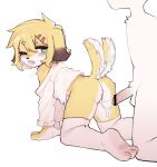  1boy 1girl after_sex after_vaginal all_fours animal_ears animal_feet animal_hands animal_nose ass bangs bar_censor bare_shoulders blonde_hair blush body_fur bottomless censored crayon_(crayon1006) crossed_bangs cum cum_in_pussy cum_string cumdump dog_ears dog_girl dog_tail doggystyle fang fewer_digits from_behind furry furry_female furry_male furry_with_furry green_eyes hair_between_eyes hair_ornament hairclip heart heart-shaped_pupils hetero highres long_sleeves looking_at_viewer looking_back male_pubic_hair medium_hair off_shoulder one_eye_closed open_clothes open_mouth open_shirt original paw_print_soles penis pubic_hair pussy shirt simple_background skin_fang solo_focus symbol-shaped_pupils tail tail_raised tail_wagging testicles thick_eyebrows thighhighs thighs two-tone_fur wavy_mouth white_background white_fur white_shirt white_thighhighs yellow_fur 