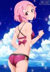  1girl ass bare_arms bikini blue_sky bracelet closed_mouth cloud day freckles hair_ornament hairclip head_tilt highres jewelry lisbeth_(sao) looking_at_viewer looking_back ocean outdoors pink_hair red_bikini red_eyes shiny shiny_hair short_hair shoulder_blades shugo19 signature sky smile solo swimsuit sword_art_online watermark 