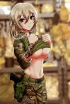  1girl arm_tattoo belt blonde_hair blurry blurry_background breasts camouflage camouflage_pants camouflage_shirt clothes_lift dausagi ear_piercing hand_on_own_chest highres holstered_weapon looking_at_viewer medium_hair military military_uniform navel original pants piercing shirt shirt_lift solo tattoo underboob uniform 