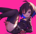  1girl ahoge black_dress black_hair black_thighhighs breasts chii_(tsumami_tsumamare) dress fang full_body highres houjuu_nue long_sleeves looking_at_viewer open_mouth pink_background pink_eyes red_footwear short_hair simple_background skin_fang solo thighhighs touhou 