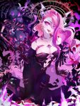  1girl absurdres ahoge black_dress black_gloves breasts cleavage demon_horns dress earrings elbow_gloves english_commentary gloves gold_earrings heart heart_ahoge heart_earrings highres horn_ornament horns ironmouse jewelry large_breasts long_hair looking_at_viewer navel open_mouth pink_eyes pink_hair pointy_ears purple_hair skeleton sunaharamoco third_eye third_eye_on_chest tongue tongue_out virtual_youtuber vshojo 