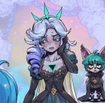  1girl 2boys :o animal_ears bangs black_dress black_hoodie black_sclera breasts cleavage collarbone colored_sclera crown dress drill_hair flying_sweatdrops genderswap genderswap_(ftm) genderswap_(mtf) green_eyes green_hair grey_hair gwen_(league_of_legends) hand_up hole_in_chest hole_on_body hood hood_down hoodie league_of_legends long_hair long_sleeves medium_breasts multicolored_background multiple_boys open_mouth pants phantom_ix_row puffy_short_sleeves puffy_sleeves shiny shiny_hair shiny_skin shoes short_hair short_sleeves sideways_glance solo_focus sweat vex_(league_of_legends) viego_(league_of_legends) yordle 