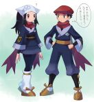  1boy 1girl ? akari_(pokemon) black_eyes black_hair black_pants blue_kimono closed_mouth crown eye_contact full_body hands_on_hips highres japanese_clothes kimono long_hair long_sleeves looking_at_another pants pokemon pokemon_(game) pokemon_legends:_arceus ponytail red_headwear red_scarf rei_(pokemon) sawarabi_(sawarabi725) scarf shiny shiny_hair short_hair smile standing sweatdrop thought_bubble white_headwear 