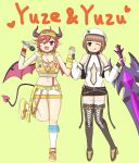  2girls ;d ;q ahoge badge bandages bangs bare_shoulders belt belt_buckle beret blunt_bangs boots bracelet breasts brown_eyes brown_footwear brown_hair buckle button_badge choker cleavage cosplay crop_top demon_girl demon_horns demon_tail demon_wings detached_sleeves drawstring english_text fang green_headwear guardian_tales hair_between_eyes hat heart highres holding holding_hands holding_microphone holding_sword holding_weapon hood hooded_vest hoodie horns huge_weapon idolmaster idolmaster_cinderella_girls jewelry kitami_yuzu kitami_yuzu_(cosplay) large_breasts leg_up looking_at_viewer medium_breasts microphone multiple_girls navel one_eye_closed open_mouth orange_choker orange_footwear orange_vest partially_unzipped pink_eyes pink_wings pointy_ears pom_pom_(clothes) red_hair short_hair short_shorts shorts simple_background smile socks succubus_adventurer_yuze succubus_adventurer_yuze_(cosplay) suspender_shorts suspenders sweatband sword tail tareme tongue tongue_out v vest visor_cap w_arms weapon white_headwear white_shorts white_socks wings zipper 