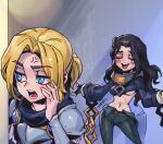  1boy 1girl :o anger_vein armor bangs belt black_gloves black_hair black_pants blonde_hair blue_eyes breastplate breasts brown_belt chain collar fingerless_gloves genderswap genderswap_(ftm) genderswap_(mtf) gloves league_of_legends long_hair lux_(league_of_legends) medium_breasts metal_collar midriff multicolored_background navel open_mouth pants phantom_ix_row ponytail shiny shiny_hair shoulder_plates sylas_(league_of_legends) 