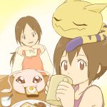  2girls bread bread_slice brown_hair closed_eyes creature_on_head digimon digimon_adventure drinking eating egg fangs food fried_egg fried_egg_on_toast gdn0522 highres koromon looking_at_viewer mother_and_daughter multiple_girls nyaromon toast yagami_hikari yagami_yuuko_(digimon) 