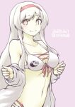  1girl akara_kai bikini breasts brown_eyes cleavage clothes_writing dated grey_background hairband highres jacket kantai_collection long_hair looking_at_viewer medium_breasts one-hour_drawing_challenge red_hairband shoukaku_(kancolle) solo swimsuit twitter_username upper_body white_bikini white_hair white_jacket 