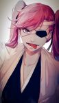  1girl bangs black_kimono bleach bleach:_the_thousand-year_blood_war collarbone commentary_request emumaru_(xazf3228) eyepatch haori headband highres japanese_clothes kimono long_hair looking_at_viewer lower_teeth open_mouth pink_eyes pink_hair saitou_furoufushi shinigami simple_background solo taichou_haori teeth tongue tongue_out twintails upper_body white_headband 